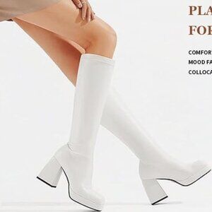 Matte White Kneehigh Platform Gogo Boots – Square Toe Retro Style